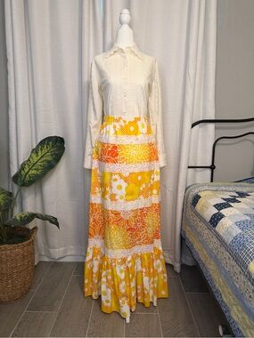 Vintage 1970s Gregg Draddy Floral Maxi Skirt - Marigold Hippie Cottagecore